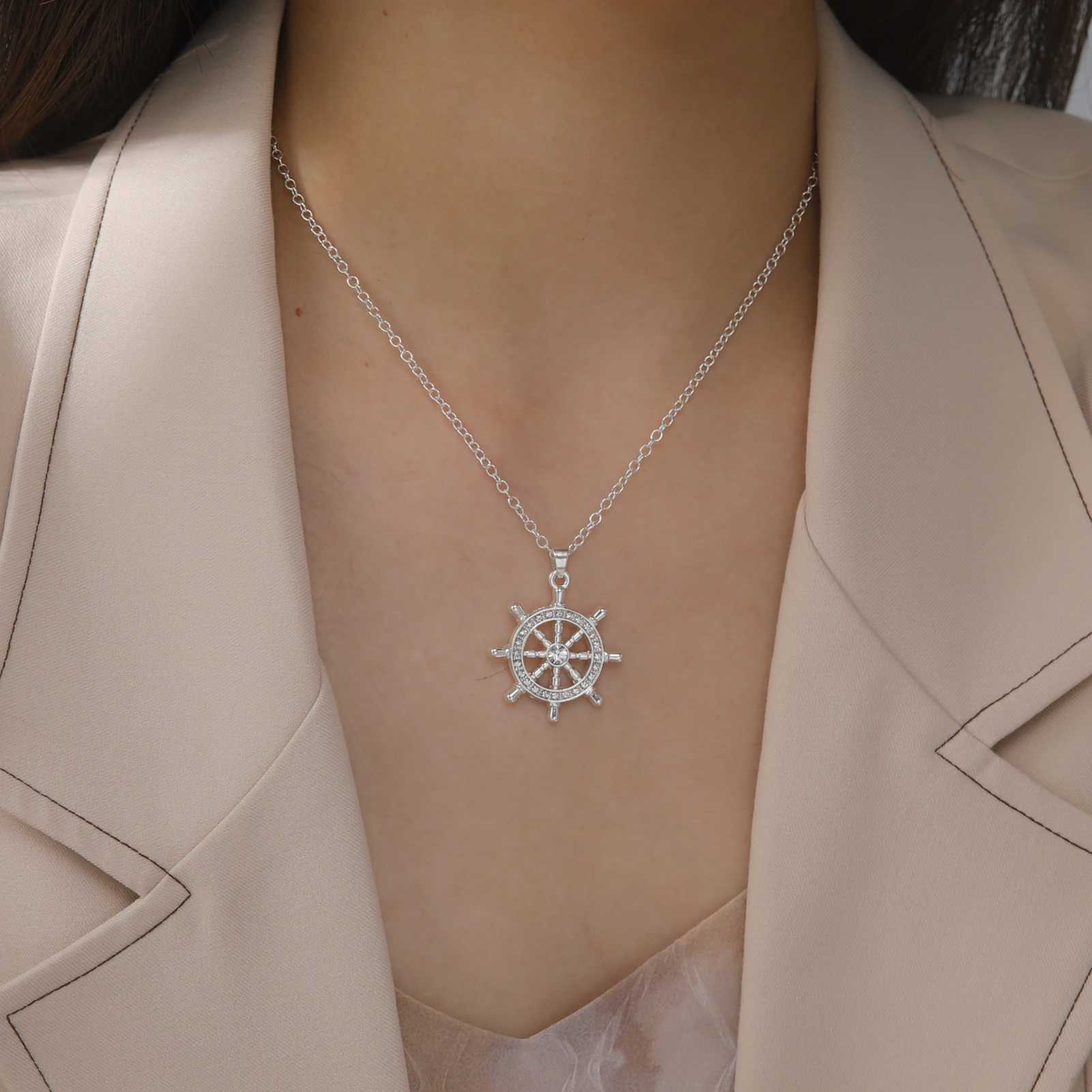 Jeshayuan Alloy Rhinestone Buddhist Dharma Wheel Pendant Necklace For Women Amulet Neck Chain Jewelry W250618