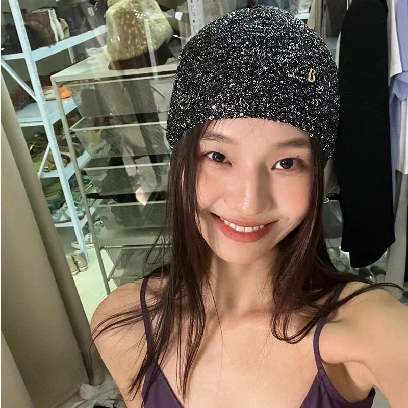 Korean Style Y2k Shiny Cold Cool Street Knit Hat Autumn Winter Girl Glitter Fashion Knitted Bag Head Beanie Hat 250618