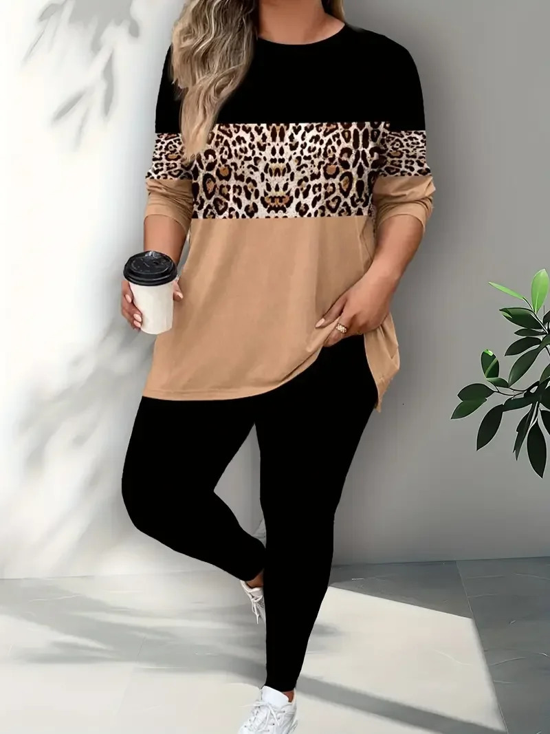 Plus Size 1XL5XL Womens Fashion Leopard Print Casual Long Sleeve Two Piece Set Outfit Ladies Contrast Color Tops and Pants 250609