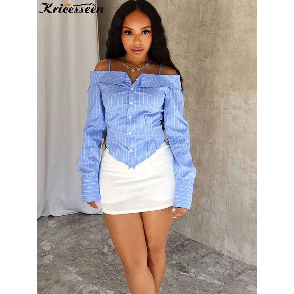 Wear Kricesseen Elegant Blue Striped Oversize Women's Shirt Top High Street Off Shoulder Long Sleeve Straps Blouses Office Work Wear