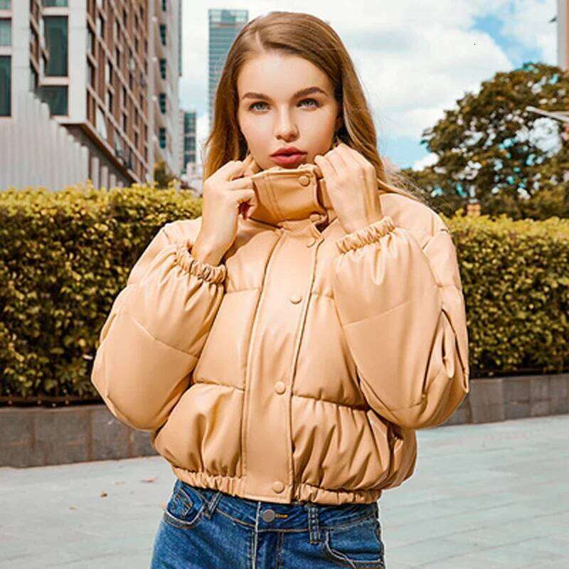Women's Thick & Warm PU Leather Short Parka - Stylish Black Canvas with Soft Padding