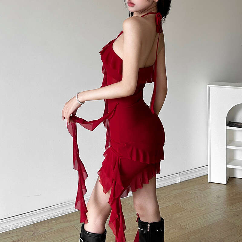 Autumn Winter New Women's Solid Color Slim Fit High Waist Street Fashion Halter Neck Backless Dress B5