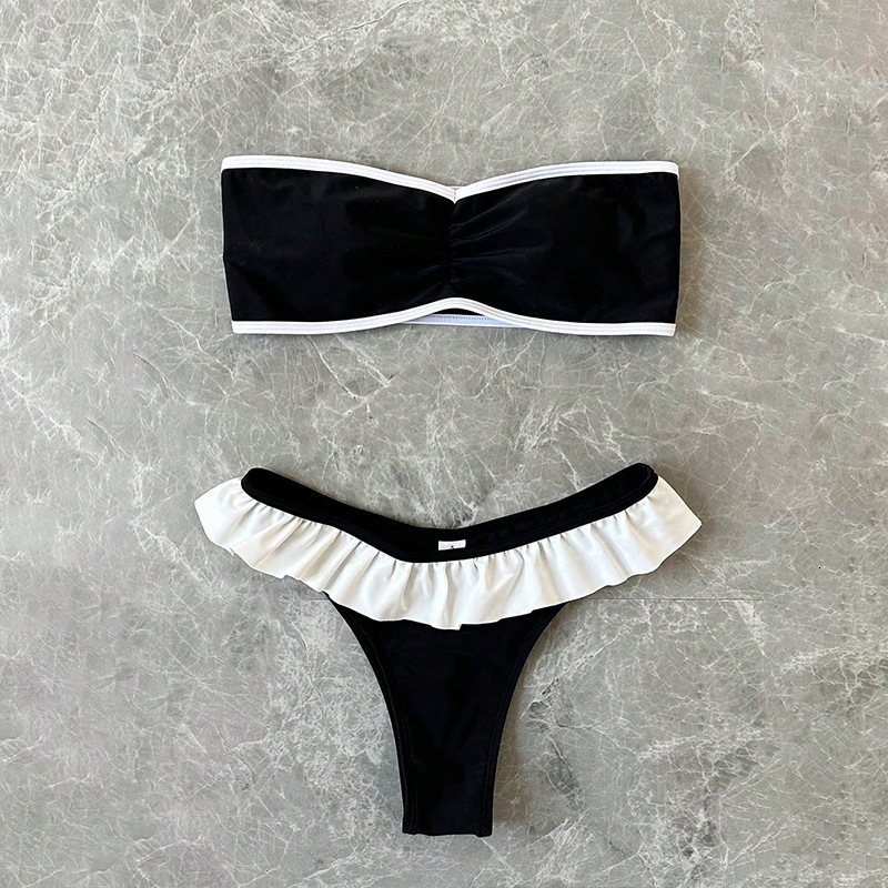 Sexy swimsuit 2025 new European and American style women's two-piece swimsuit with ruffled edge backless sexy bikini beach hot spring swimsuit