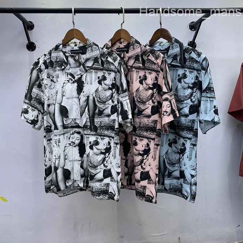 Mens Casual Shirts Pink Grey Blue 2025 Print Lapel Short Sleeve WACKO MARIA Shirt Men Woman Streetwear Fashion Summer Top