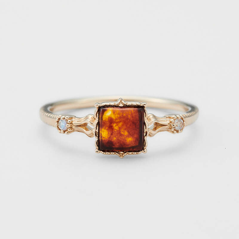 Elegant Simple Square Recycled Amber for Women Gold-Plated Palace Light Luxury Adjustable Ring