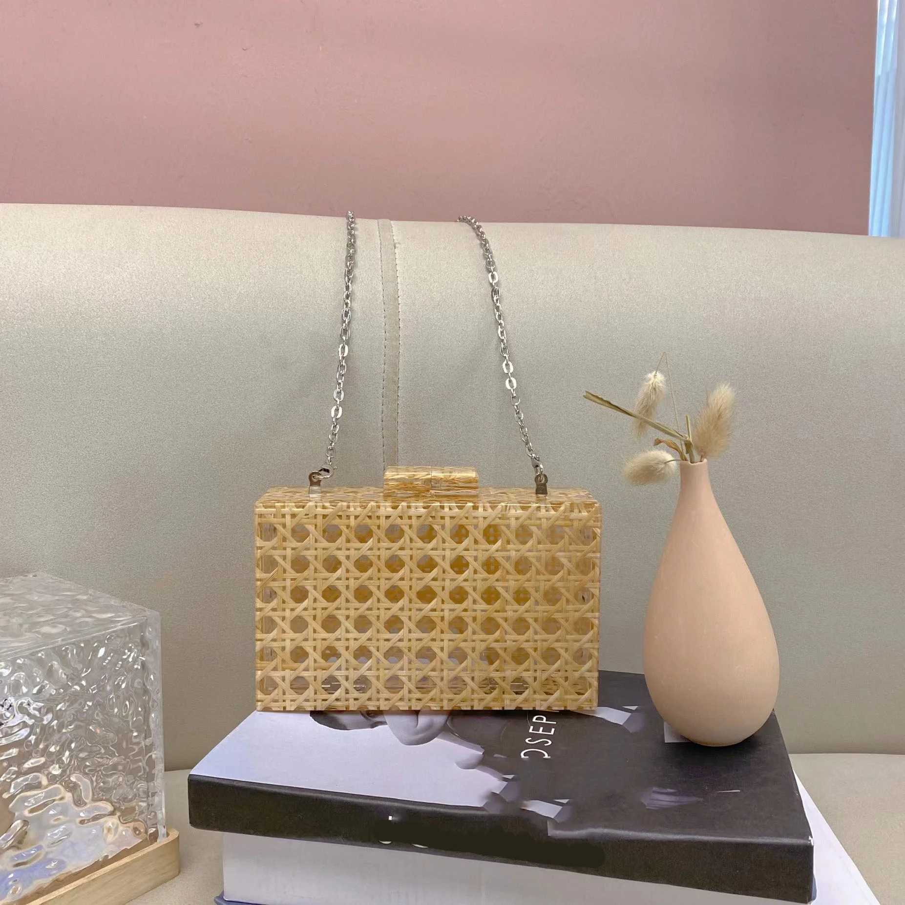 Women Rattan Acrylic Box Cane Bag Evening Clutch Wedding Party Purses Summer Wicker Handbags Designer High Quality Womens Bag Z250618