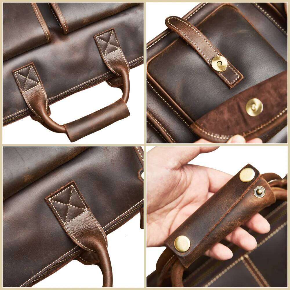 NUPUGOO Vintage Genuine Men's Briefcase Crossbody Bag Crazy Horse Leather Handbag With 16-Inch Laptop