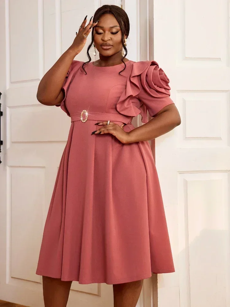 Designers Brown Green Elegant Party Dress Luxury Rose Short Sleeve A-line Folded Dresses Birthday Party Women's Outfits