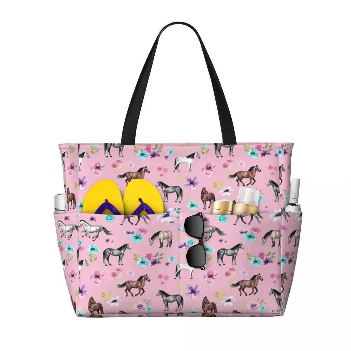 Horses And Flowers On Pink Equestrian Art Beach Travel Bag Tote Popular Large Capacity Out Birthday Gift Multi-Style Pattern W250618