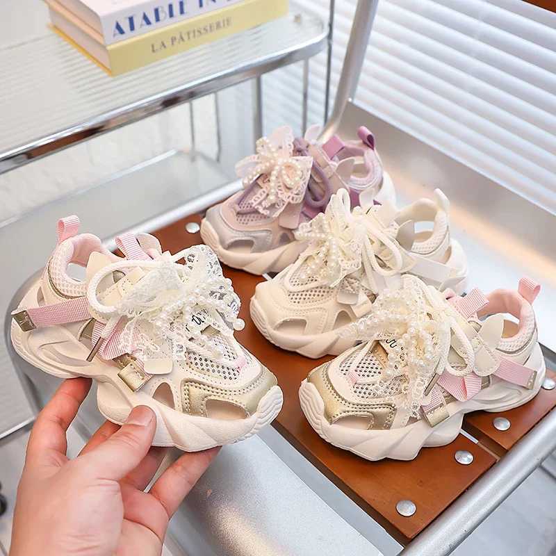 Girls Princess Shoes Mesh Breathable Kids Sports Sandals Sweet Lace Bows Beading 2025 Summer New Children Running Shoes Non-slip Z250618