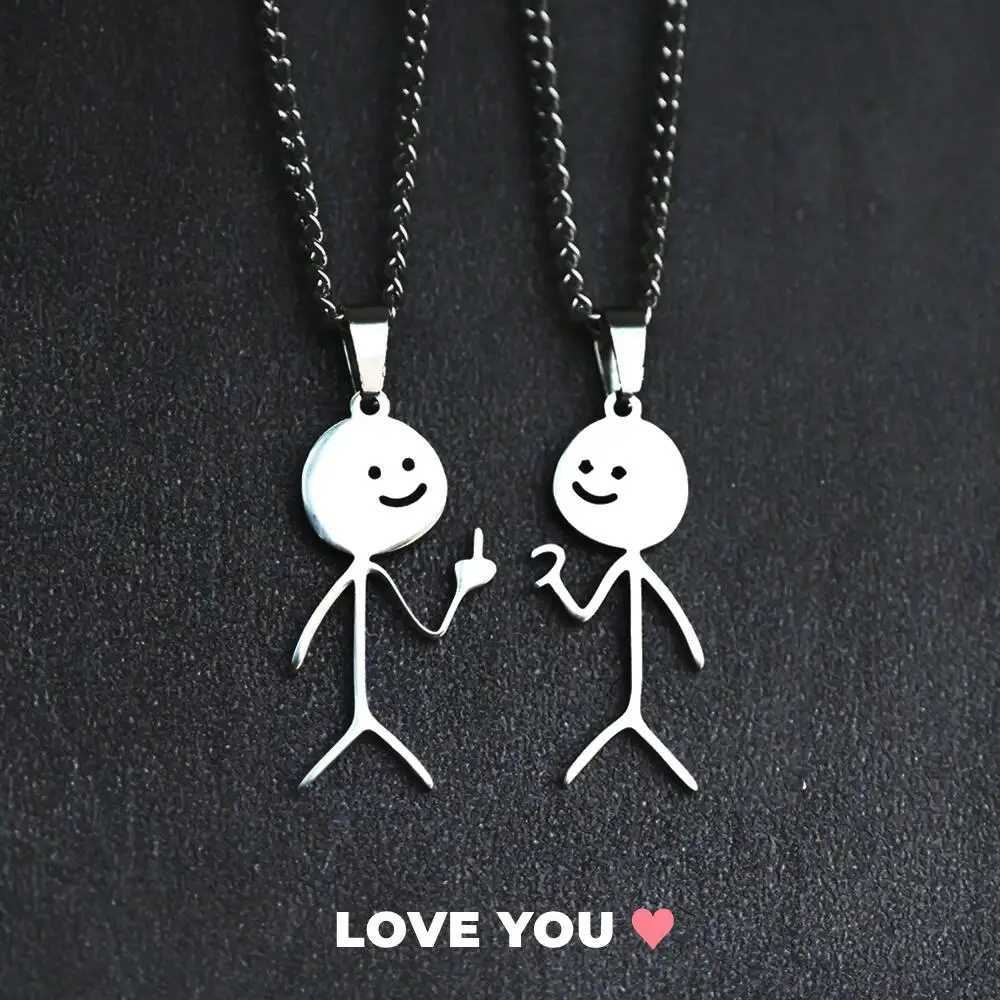 2025 Funny Middle Finger Stickman Necklace For Women Men Trend Titanium Steel Heart Pendant Chain Love Jewelry Couple Party Gift W250618