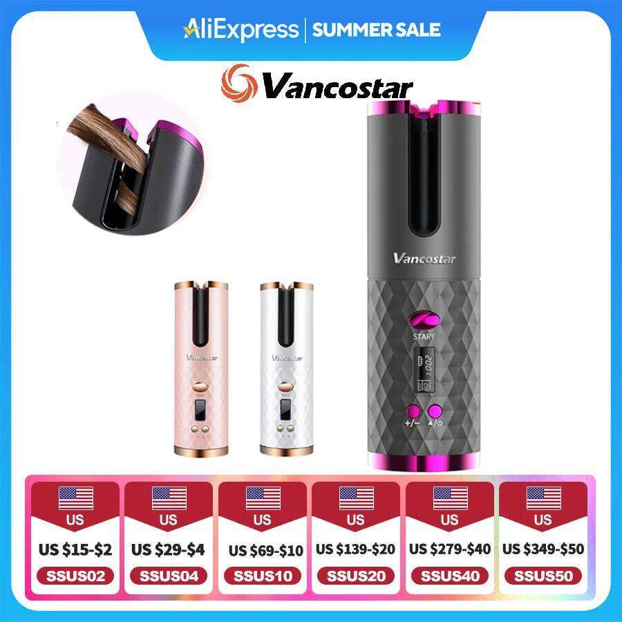 Wireless Electric Portable Travel Home Use Timing 6 Temp. LED Cordless Automatic Hair Curler for Curls or Waves