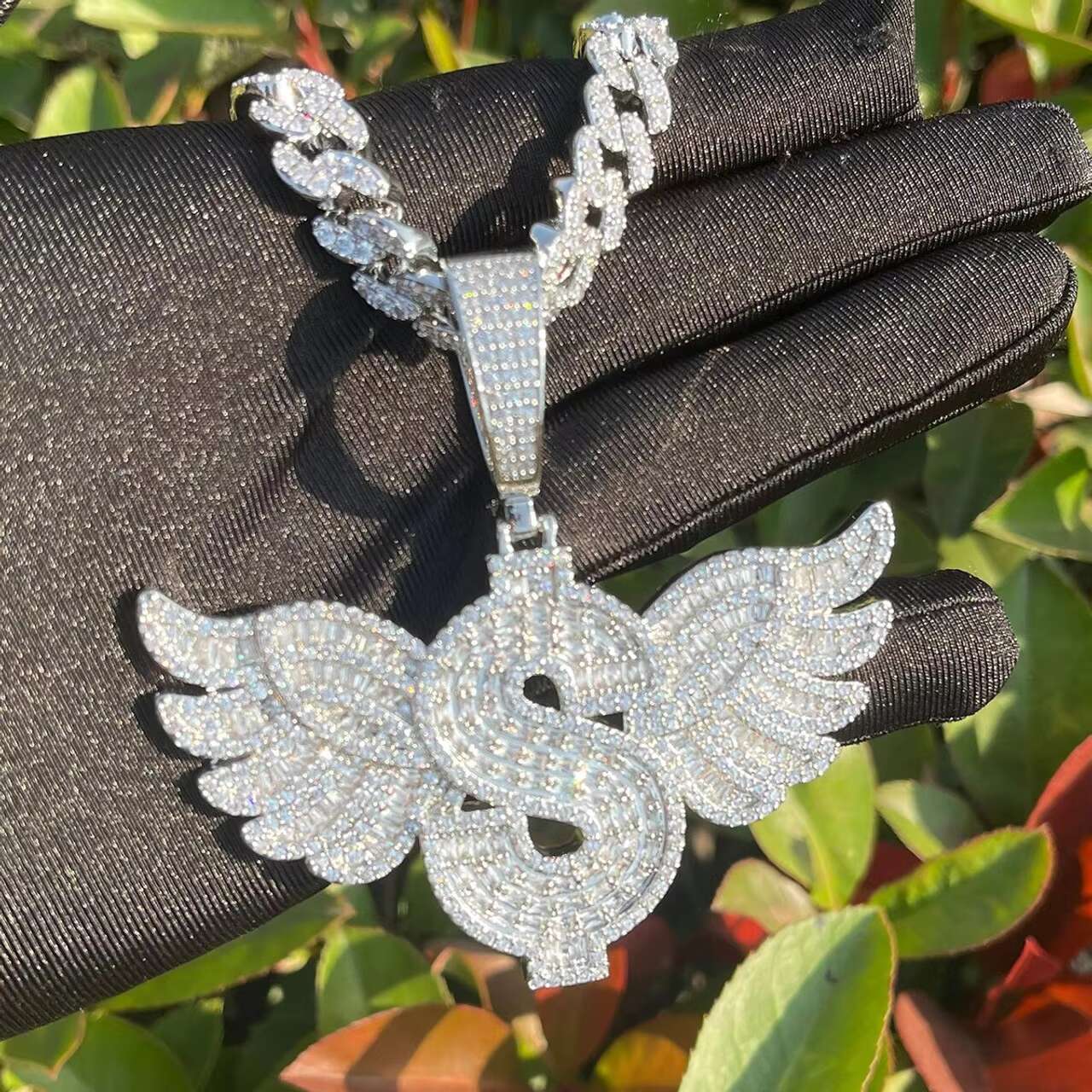 Luxury 925 Silver Wing Dollar Sign Baguette Blinged Pendant Hip Hop Style Moissanite Pendants Charms Chain Necklace Design