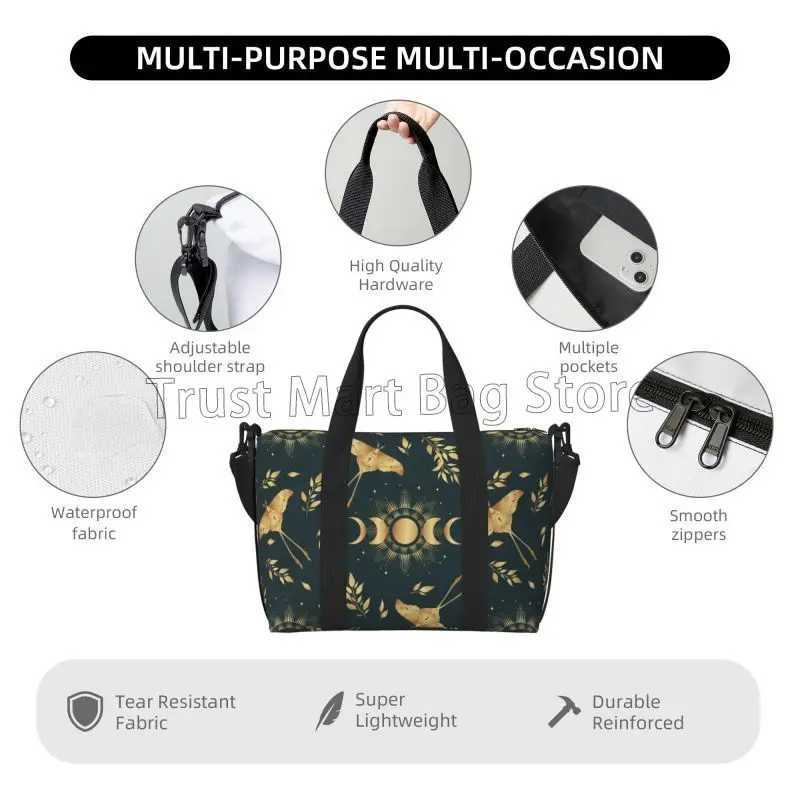 Magic Moon Moth and Moon Phases in Gold Colors Travel Duffle Bag Waterproof Weekender Overnight Tote Bag Sports Gym Yoga Bags W250618