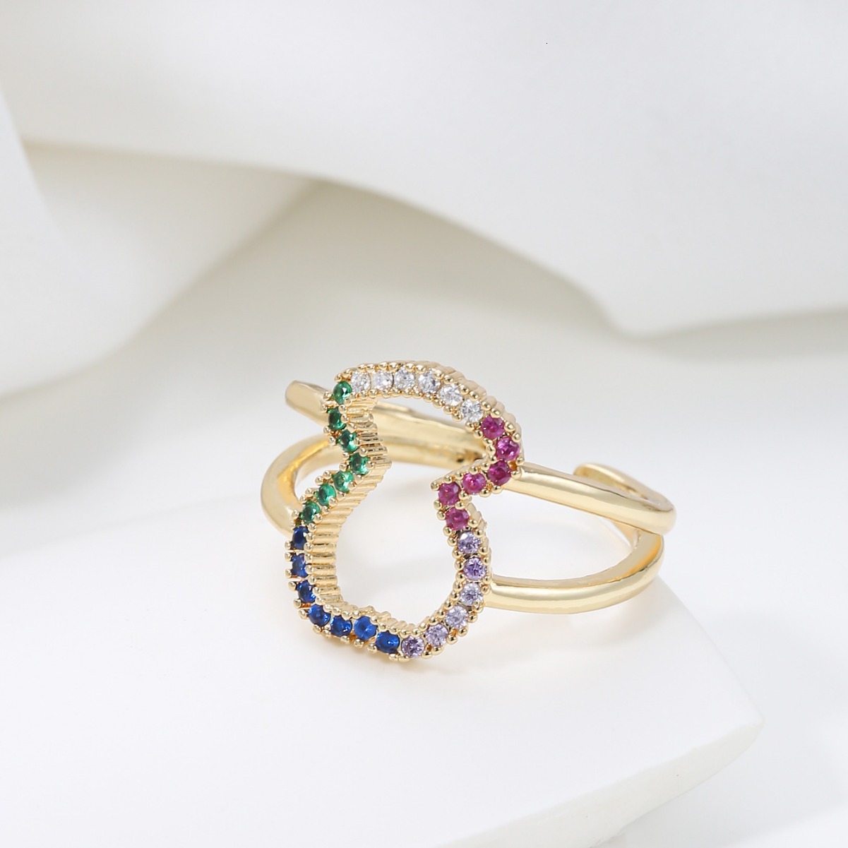 Hollow Out for Women Inlaid with Zircon and Colorful Diamonds Pastoral Style Internet Celebrity Light Luxury Fashion Ring Jewelry