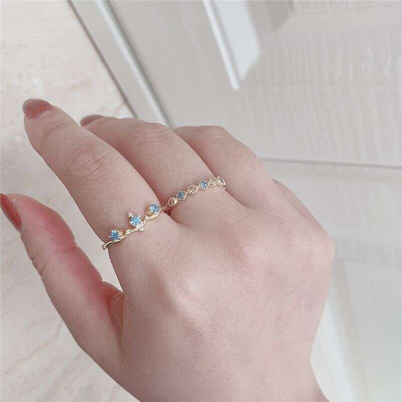 Light Luxury Micro Paved Blue Zircon Open Ring Ins Gold Color Thin Band for Women