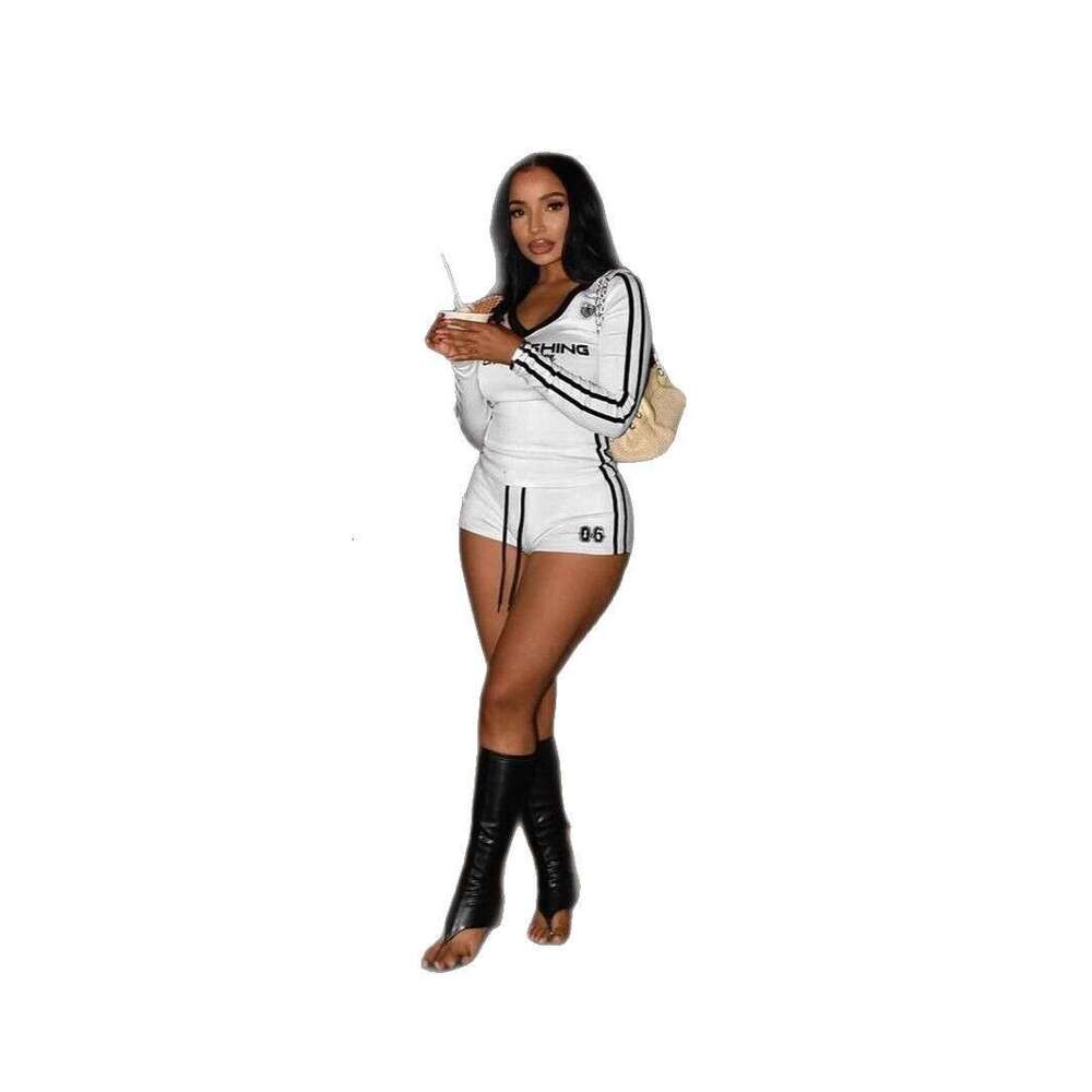 Autumn New American Style Color-Block V-Neck Slim Fit Long Sleeve Top With Tie Shorts Set B5