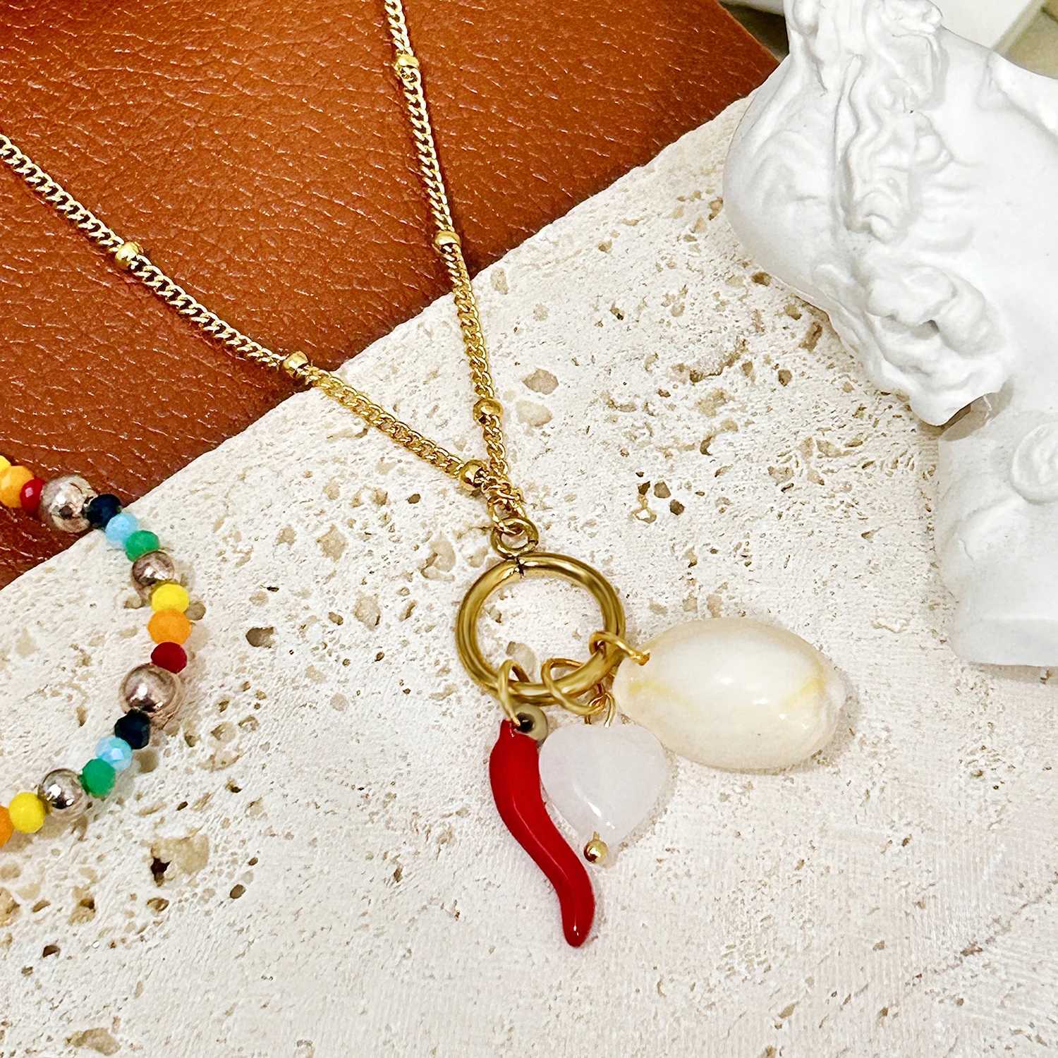 Red Chili Enamel Dangle Natural Stone Shell Pendant Fashion Gold Color Stainless Steel Chains Necklaces for Women Jewelry Gift W250618