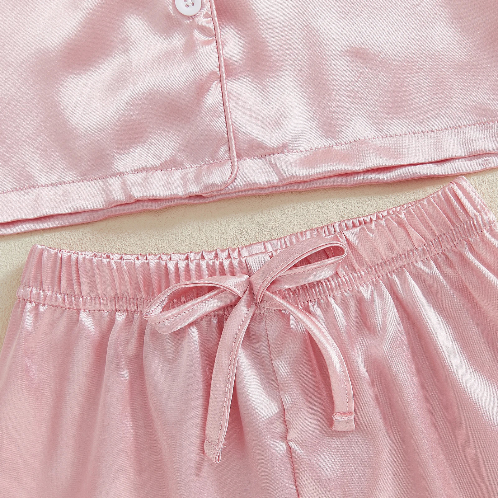 MISOWMNJOY Summer Baby Girls Pajamas Set Satin Silk Solid Color Button Lapel Short Sleeves T-Shirt Ruffled Shorts Kids Sleepwear 250617