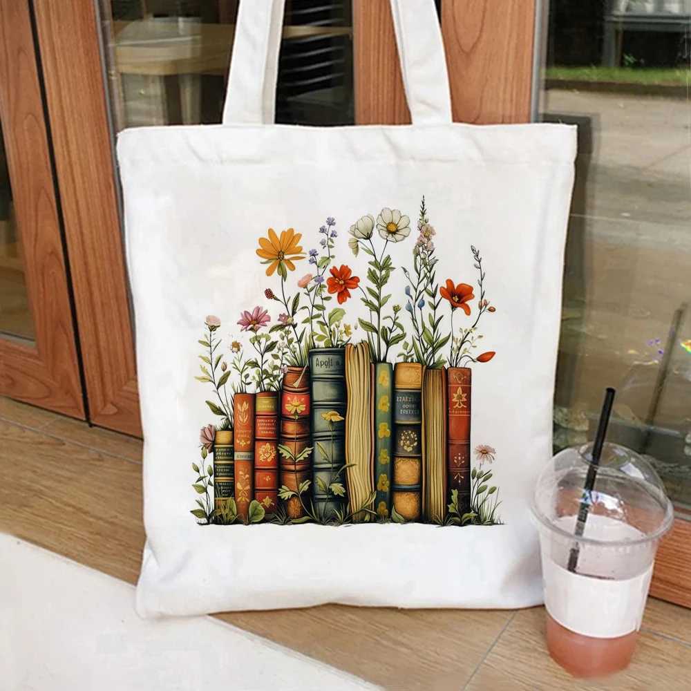 Flower and Books Pattern Ote Bag Large Capacity Shopping Bags Harajuku Carto Fem Shoder Handbag Eco Girl Handbags B250618