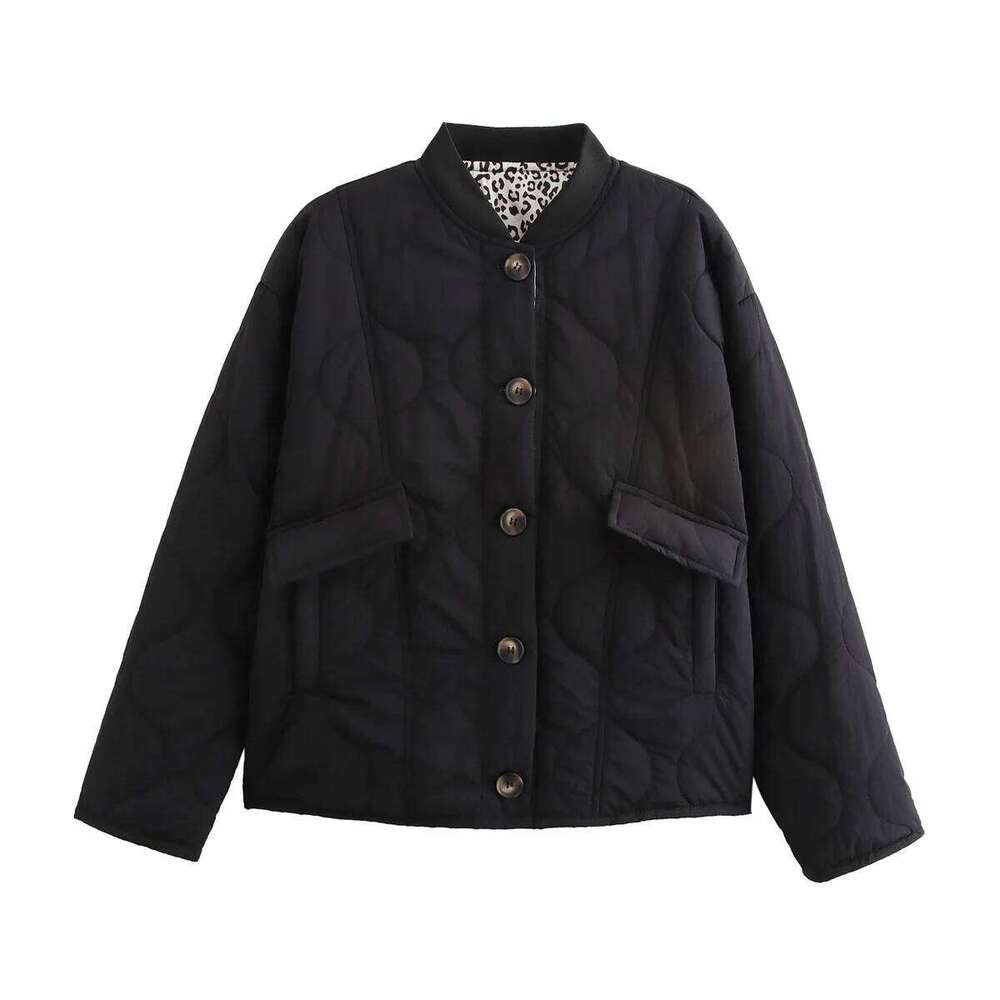 Woman Leopard Inside Quilted Jacket Single Breasted Pocket Warm Ladies Outfit Autumn Winter Fashion Girls Chic Clothes