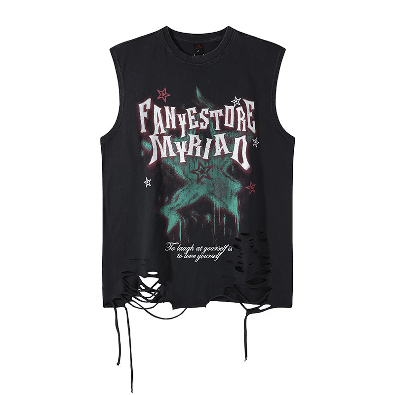 Summer Hip Hop Tank Top Man Washed Streetwear Tees Y2k Sleeveless T Shirt Round Neck Cotton Baggy Vests Tops Distressed 250618
