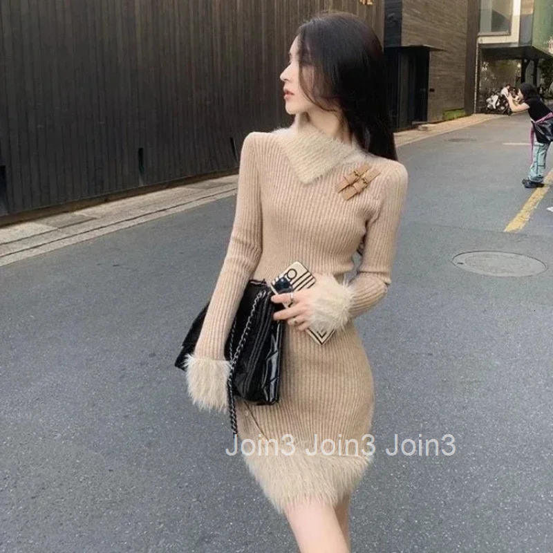 Womens Crochet Dresses Long Sleeve Female Knit Dress Knee Length Midi Cover Up Sensual Sexy One-piece Chic and Elegant Pretty X