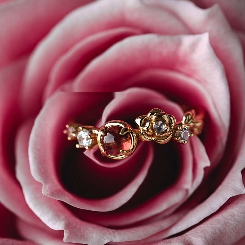 Venus Garnet Gemstone Rose Ring for Women, Ins Style, Light , Simple and Sweet Jewelry, Gold Plated