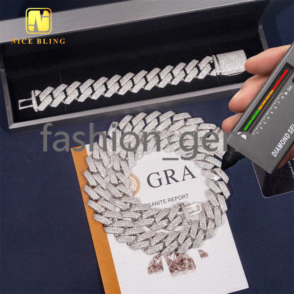 Fancy Design Fashion Hip Hop Jewelry 18mm 925 Sterling Silver Iced Out VVS Moissanite Diamond Cuban Link Chain Bracelet Necklace