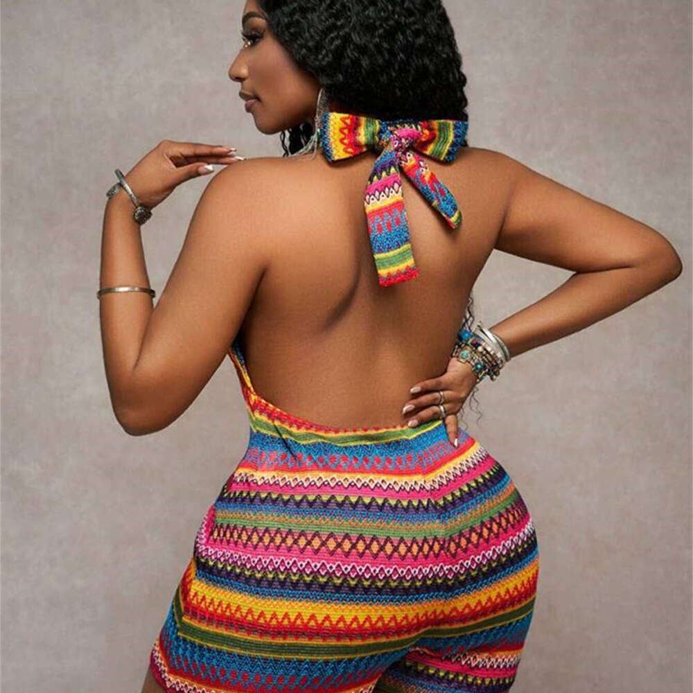 Summer Ethnic Style Backless Knit Deep V Sexy Sleeveless Slim Fit Jumpsuit Shorts B5
