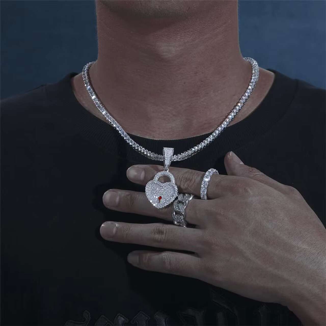 Luxury New 925 Sterling Silver Moissanite Necklace with Iced Blinged out Heart on Lock Pendant in Hip Hop Style
