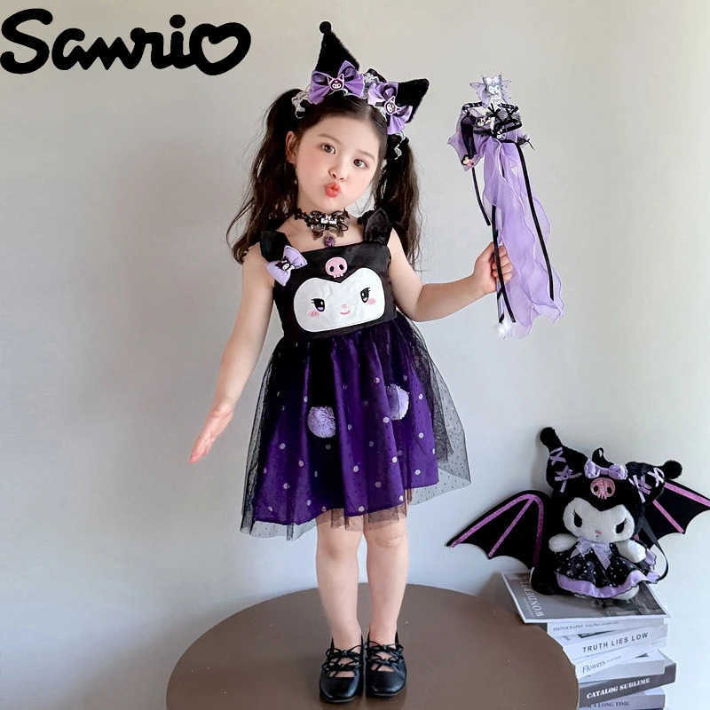Sanrio New Sanrio Kuromi Lolita Princess Dress Cartoon Anime Kawaii Embroidery Printed Accessories Dress Set for Girls Summer Gift XJ250618