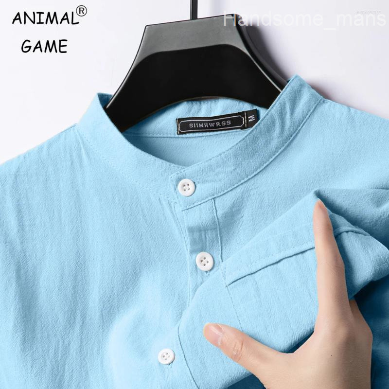 Mens T Shirts Summer Stand Up Collar Solid Color Short Sleeve Linen Shirt Trendy Breathable Loose Lightweight Basic Pocket Top