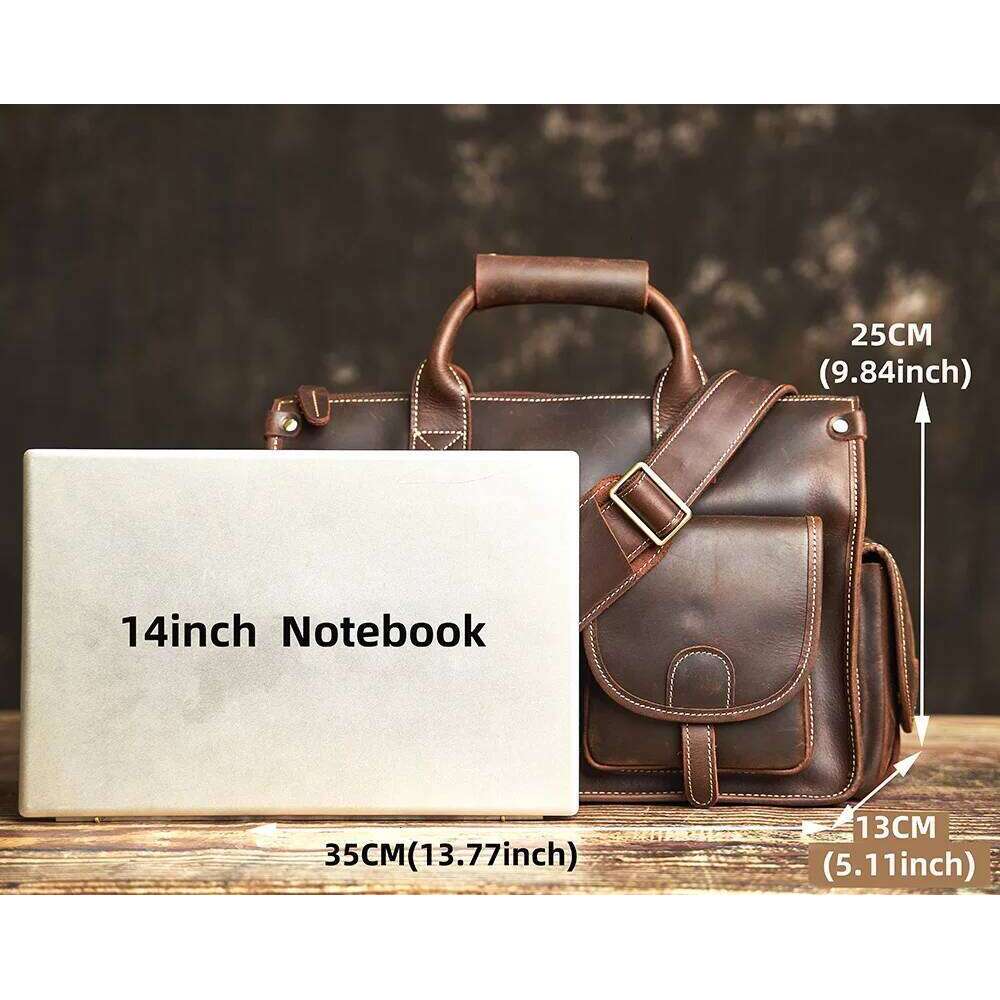 NUPUGOO Vintage Genuine Men's Briefcase Crossbody Bag Crazy Horse Leather Handbag With 16-Inch Laptop