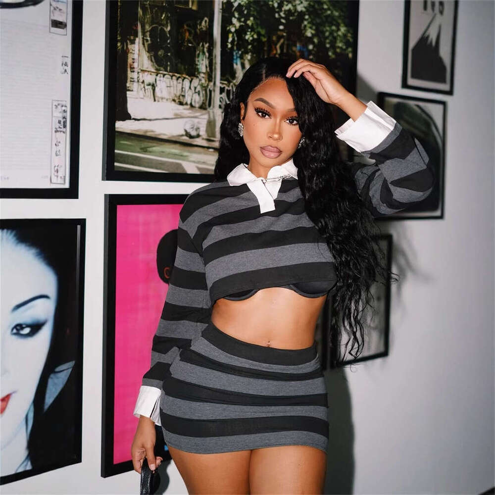 New Fashion Striped Color-Block Short Crop Top With Long Sleeves And Turn-Down Collar, Bodycon Skirt Set B5