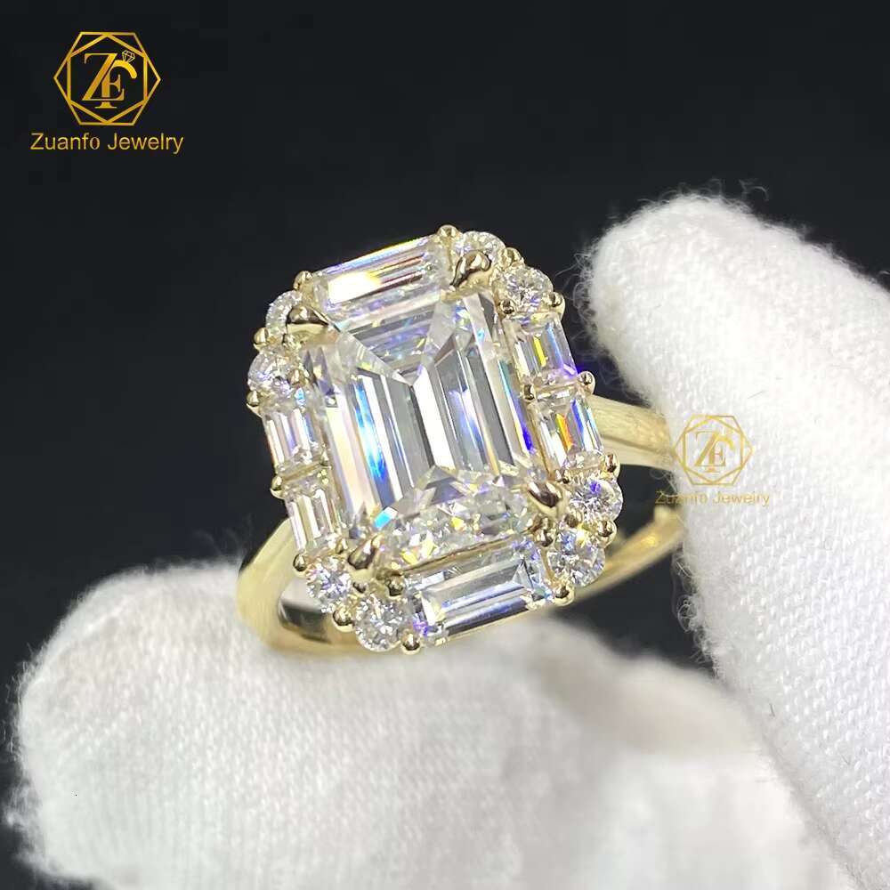 Custom Made Emerald Cut Moissanite D VVS1 10k 14k 18k Solid Yellow Gold Deshimer Jewelry Rings for Women