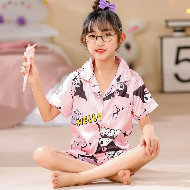 Sanrio PJ Girl Ice Silk Short Sleeve Cardigan Sweet Cute Cartoon Sleepwear Pajamas Robe Childrens Clothing Mother Kids XJ250618XJ250618