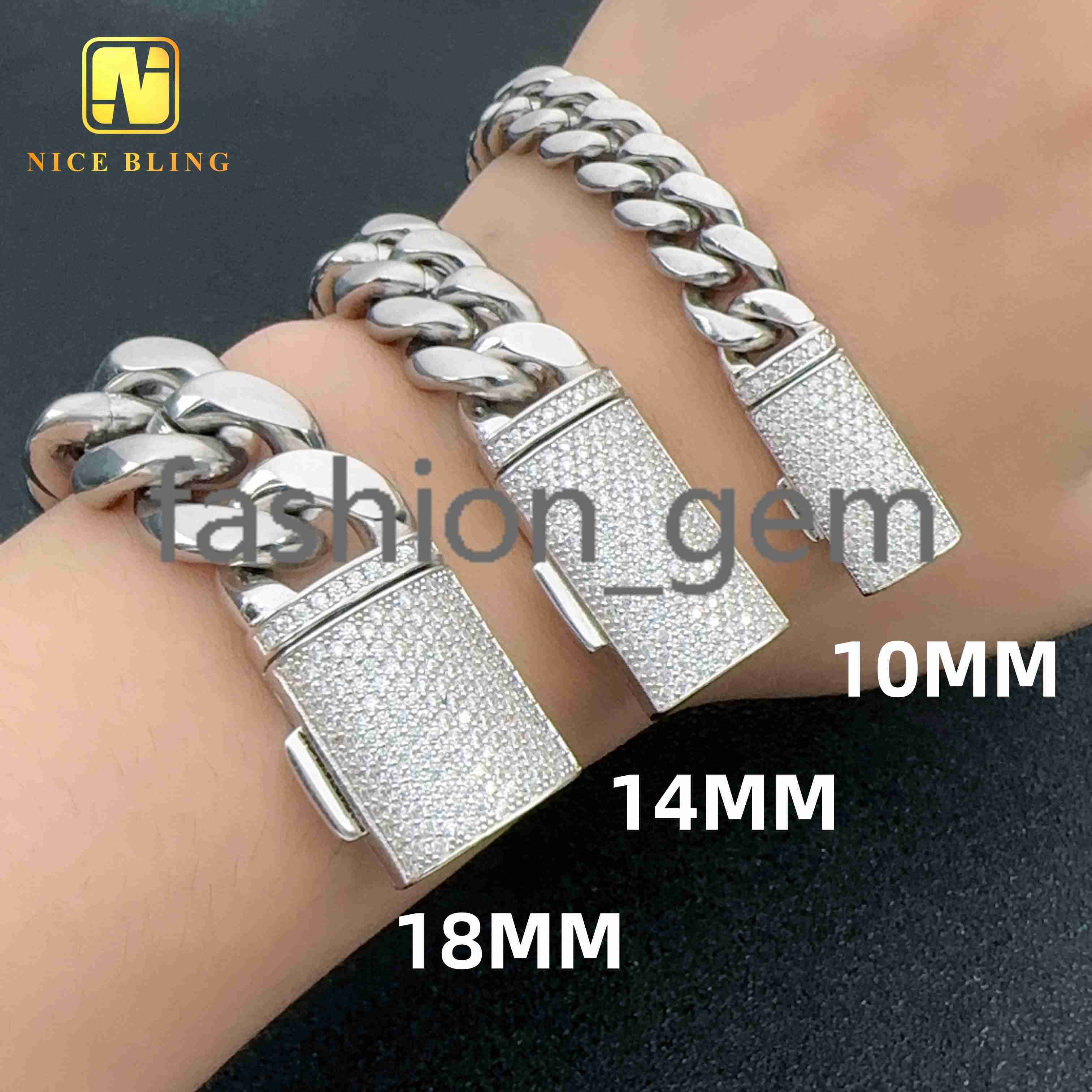 Wholesale 925 Silver Lock+moissanite 18k Gold Plated 925 silver 925 silver 8mm 10mm 12mm 14mm Cuban Necklaces Bracelets for Men Women