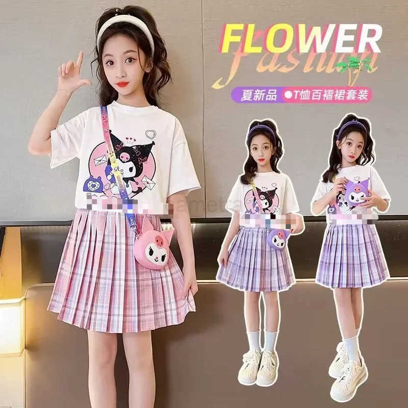 Sanrio Sanrio New Girls Short-Sleeved T-Shirt Pleated Skirt Set Kuromi Cartoon Spring and Summer T-Shirt Top Skirt Two-Piece Gift Set XJ250618