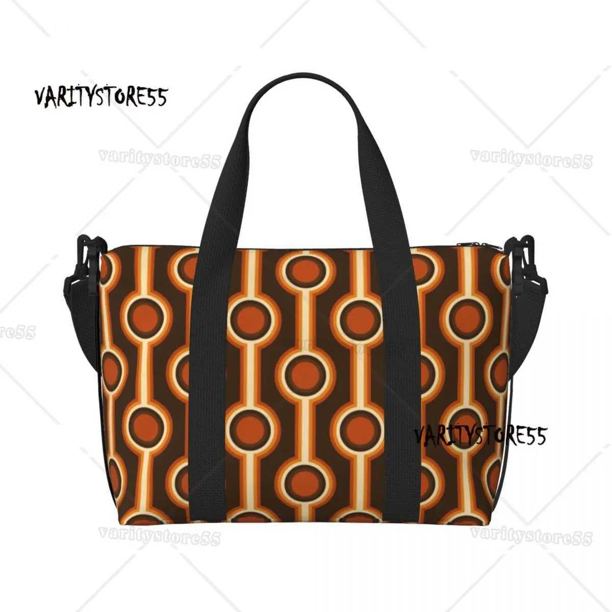 Custom 70s Retro Connected Balls In Orange And Brown Tones Beach Tote Bag for Women Mid Century Large Compartment Gym Beach Bags W250618