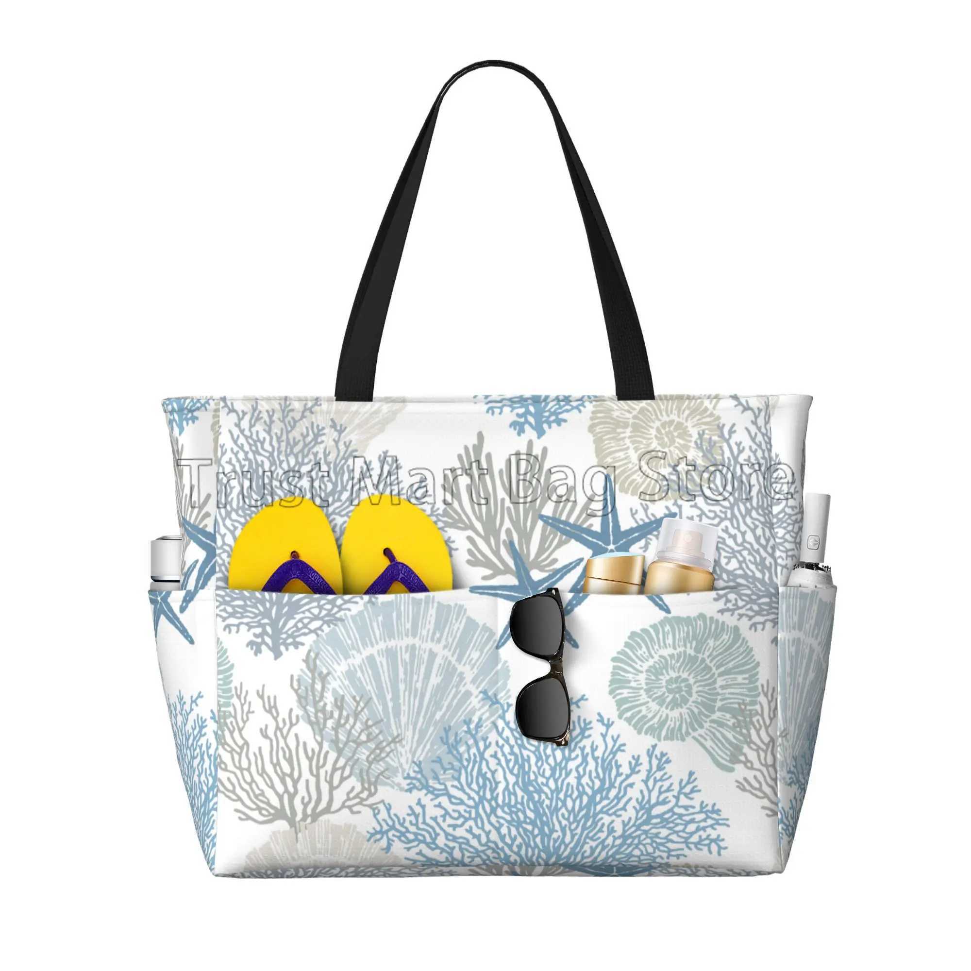 Summer Ocean Themed Seashell Coral Starfish Large Waterproof Beach Bag Women Sandproof Pool Tote Bag for Travel Vacation Swim W250618