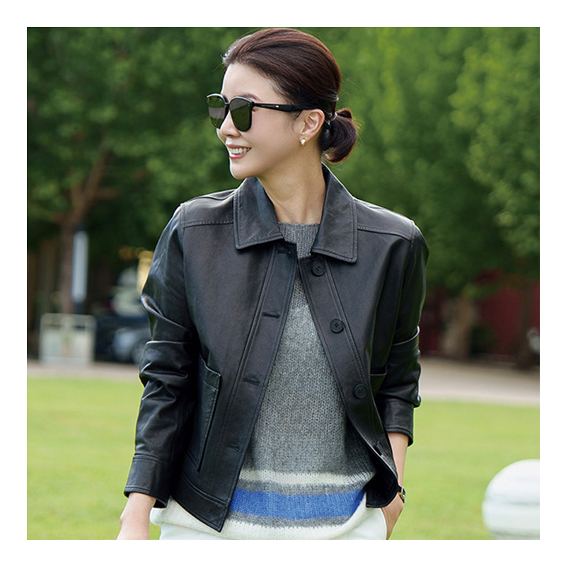 Sheepskin genuine leather jacket for women, slim and casual, lambskin retro leather jacket, short jacket