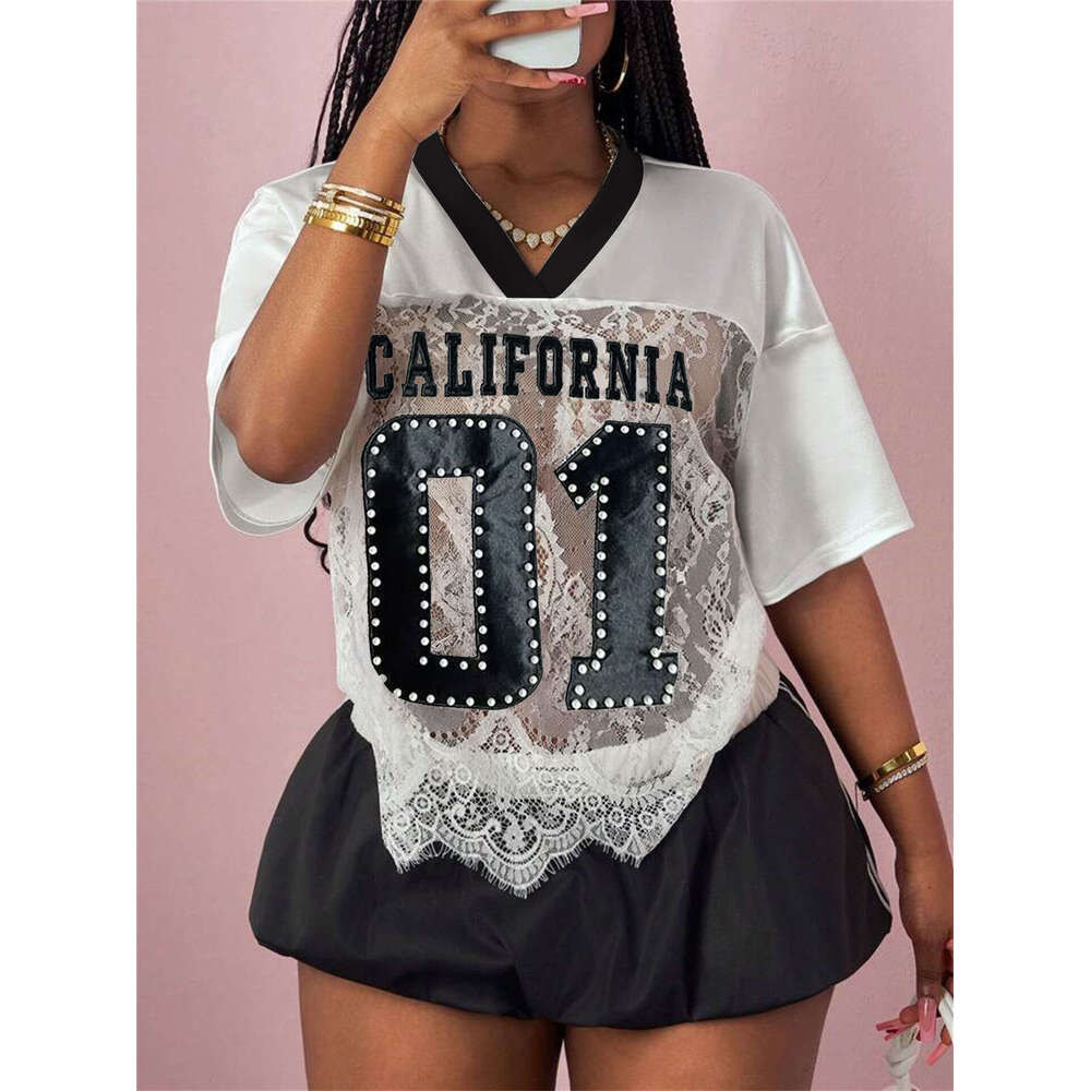 Summer New Women's Printed Loose Casual Street Style Sheer Sexy Lace Patchwork Top B5