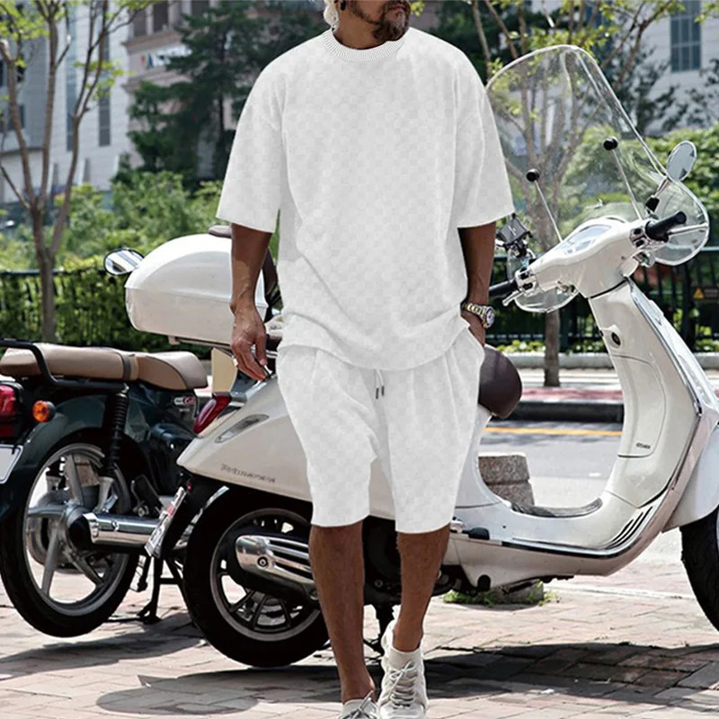Cross-border Mens Summer Plaid Short Sleeve Loose Large Size Straight Casual Shorts Set 250617