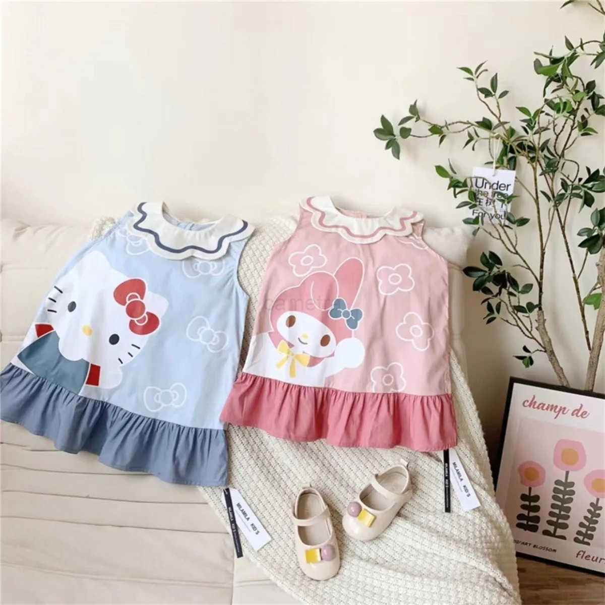 Sanrio Girls Princess Dress Children Cartoon My Melody Hello Kitty Petal Collar Dresses 2025 Summer Kids Sweet Cute Vest Skirt ClothesXJ250618