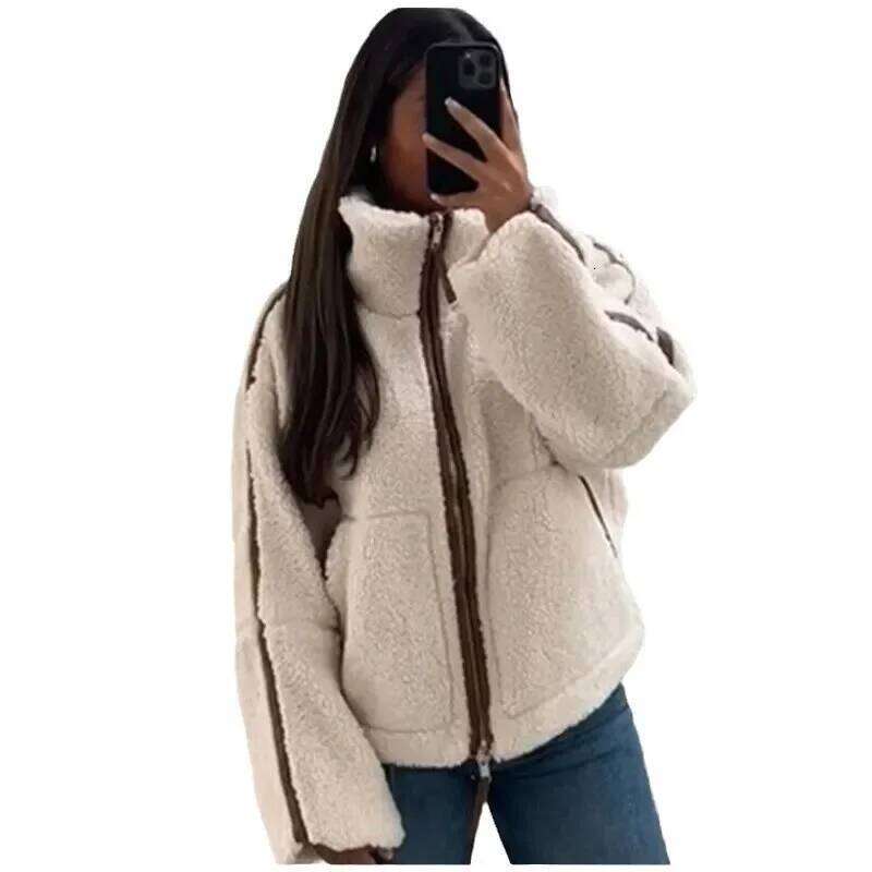Fashion warm contrasting lamb wool coat women's long-sleeved zipper jacket 2025 autumn and winter new high street wear