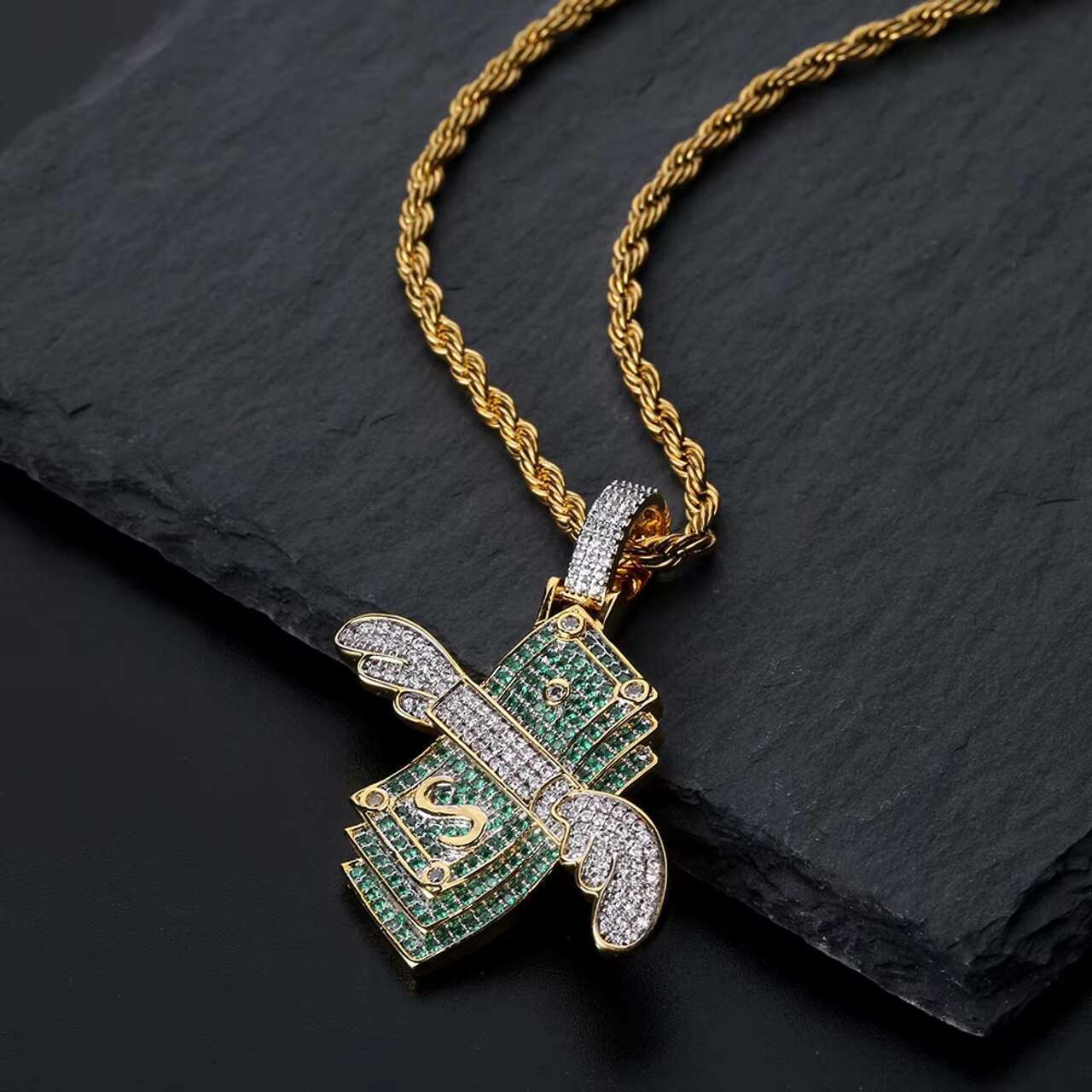 Mens 18K Gold Hip Hop Moissanite Diamond Money Dollar Pendant Necklace With Cuban Link Chains and Wings