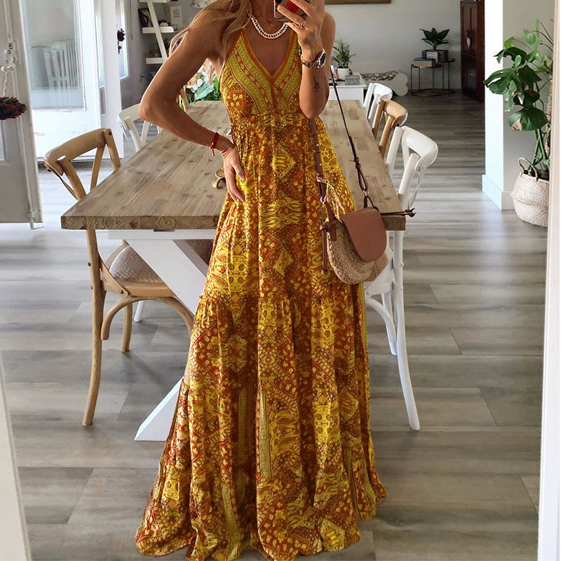 D617New bohemian style new suspender long skirt high waist V neck printed floral dress women's clothing