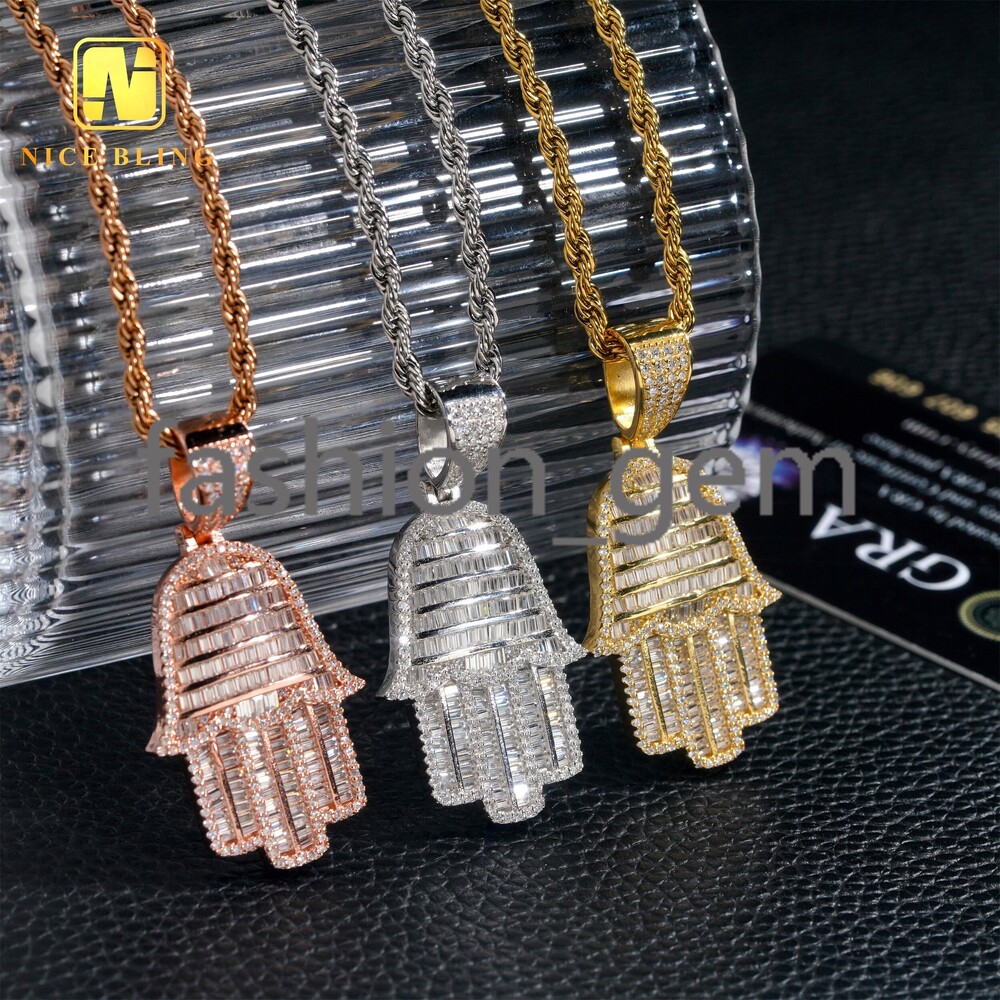 Iced Out Baguette Moissanite Hand Pendants 925 Silver Hip Hop Jewelry VVS Moissanite Diamond Hamsa Hand Pendants