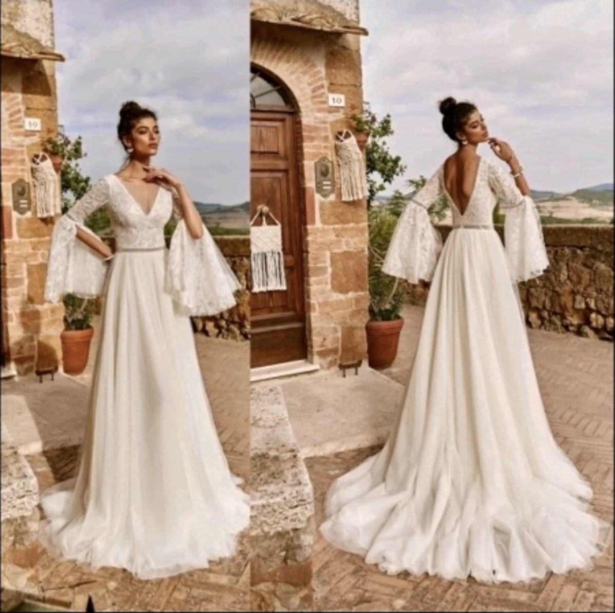 Customized Simple chiffon Boho Wedding Dresses Sheer Long Sleeve A Line Sweep Train Bridal Gowns Appliques Floor Length Gowns